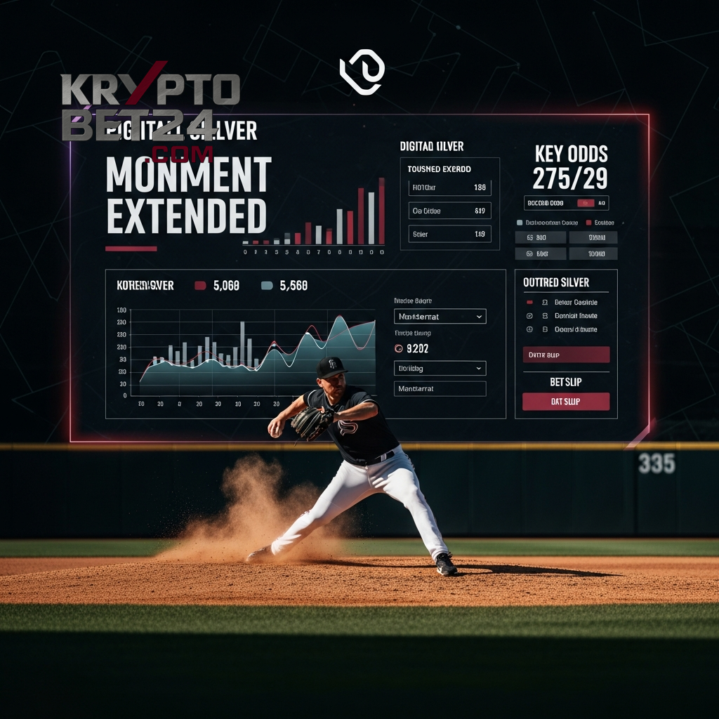 Dynamische Szene eines Baseballspielers kombiniert mit einem leuchtenden digitalen Dashboard, das die Expertenprognose durch Sportanalysen und Wett-Daten visualisiert.