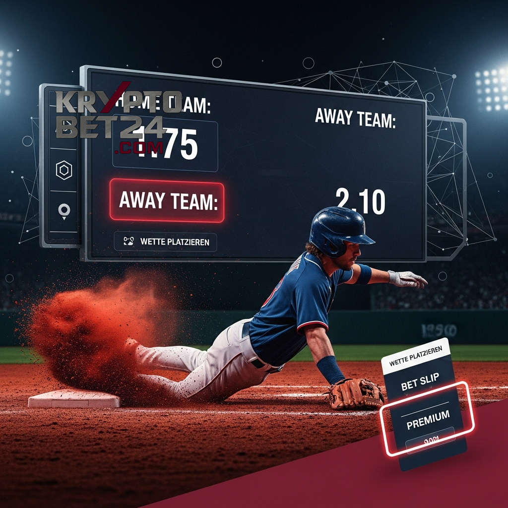 Ein Baseballspieler in Aktion mit einer integrierten Sportwetten-Benutzeroberfläche, die die Dynamik von Live-Krypto-Wetten demonstriert.