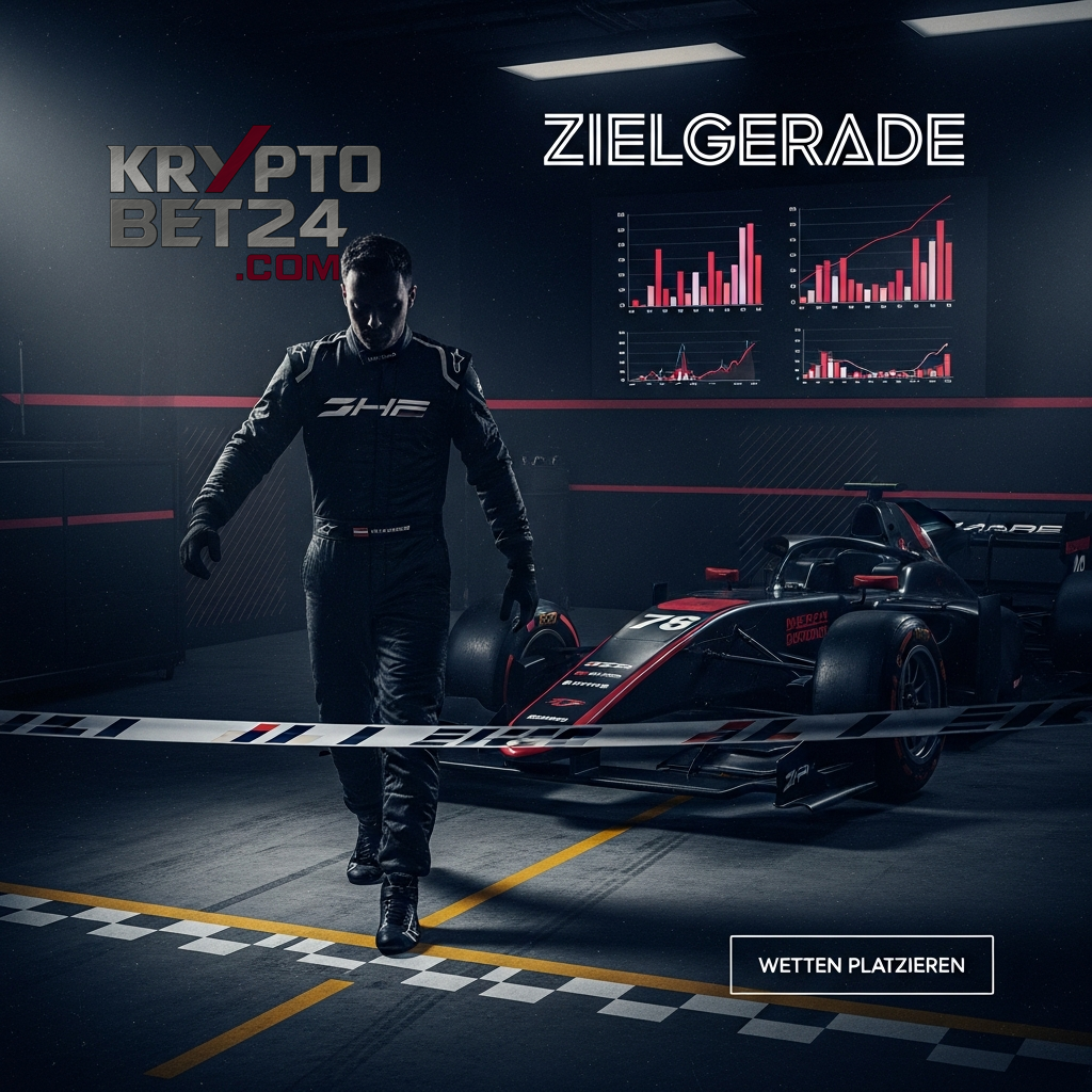 Ein Formel-1-Fahrer in einer Garage mit einer Benutzeroberfläche, die einen prominenten 'Wetten Platzieren'-Button für den Krypto-Wettvorgang anzeigt.